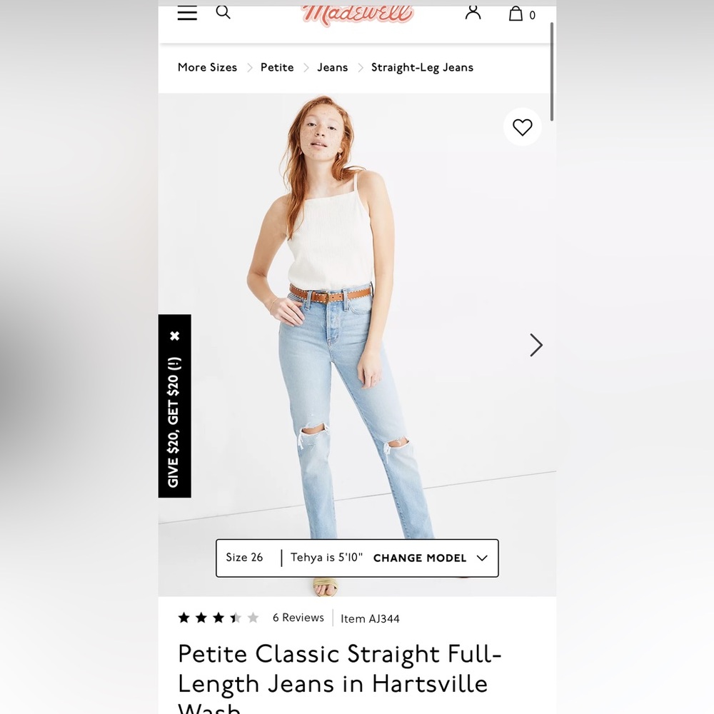 MADEWELL FULL LENGTH STRAIGHT DISTRESSED JEANS SIZE 26P